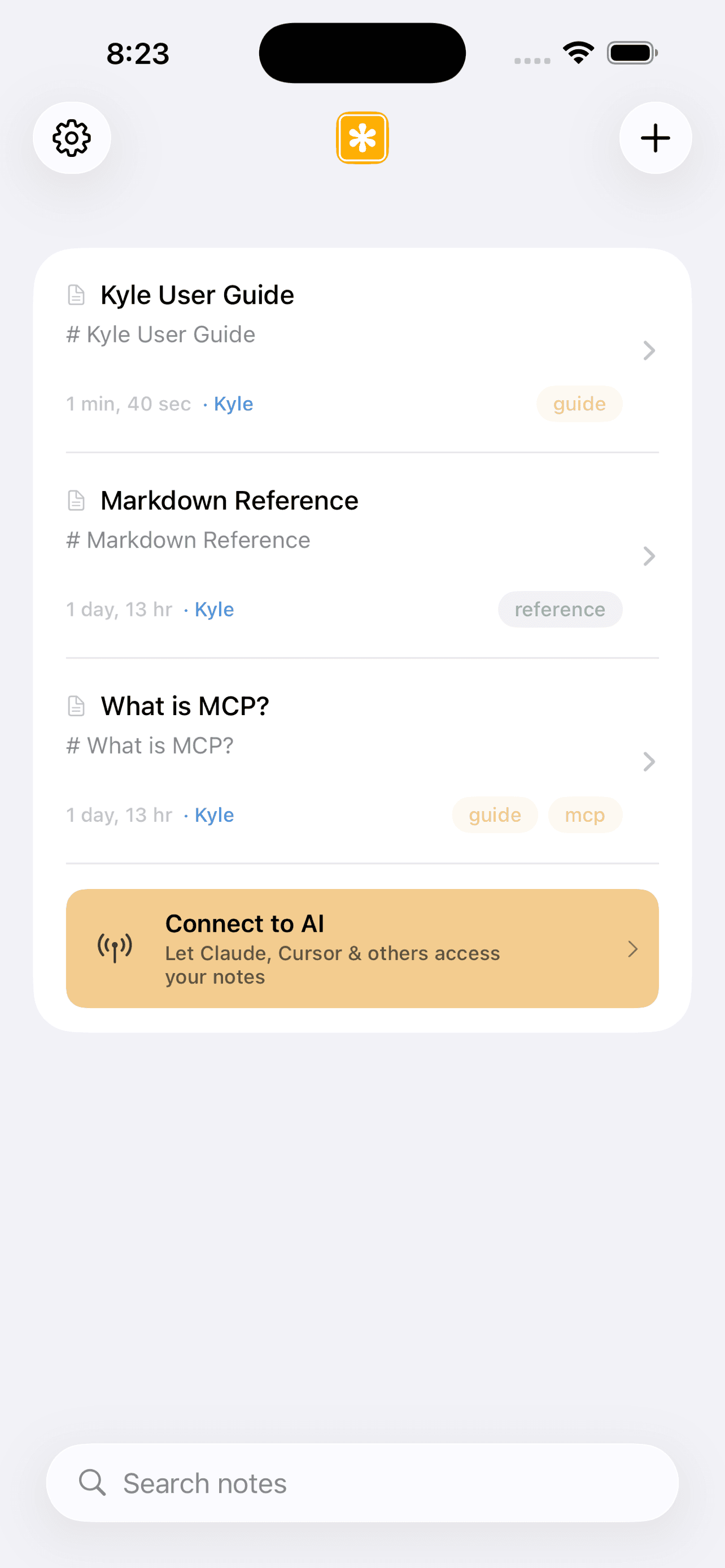 Kyle note list with tags and search