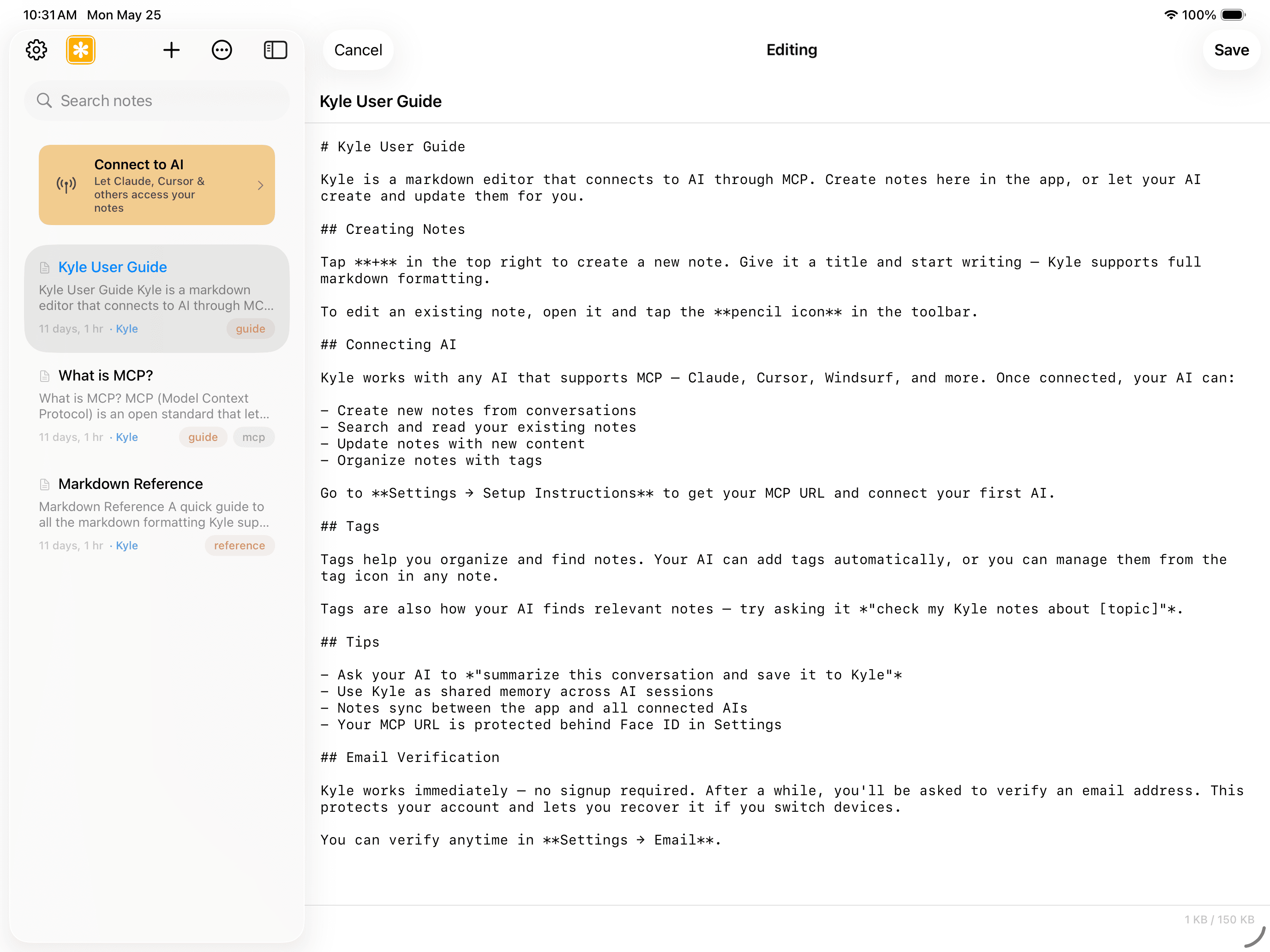 Kyle on iPad — markdown preview