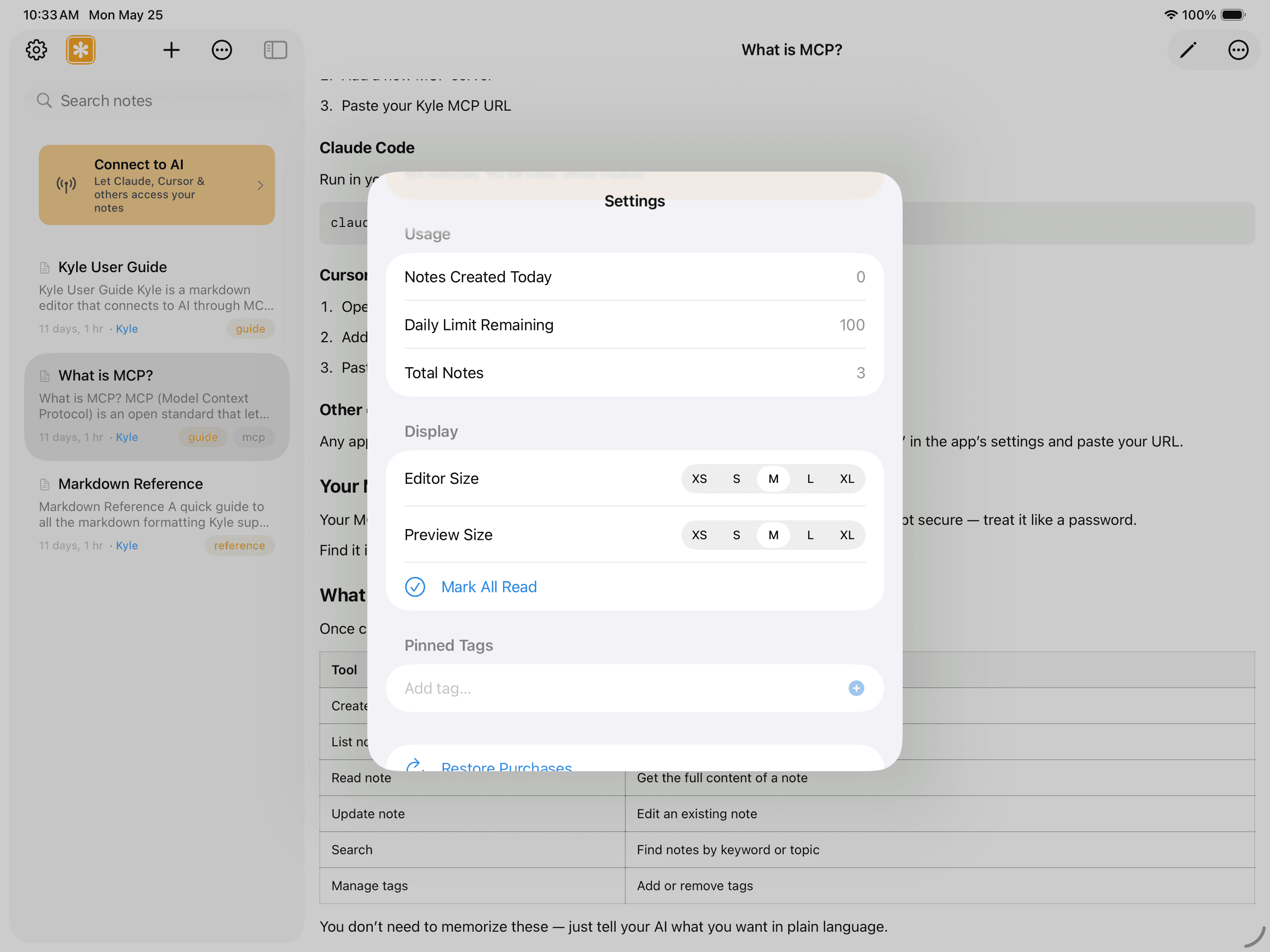 Kyle on iPad — settings and tag management