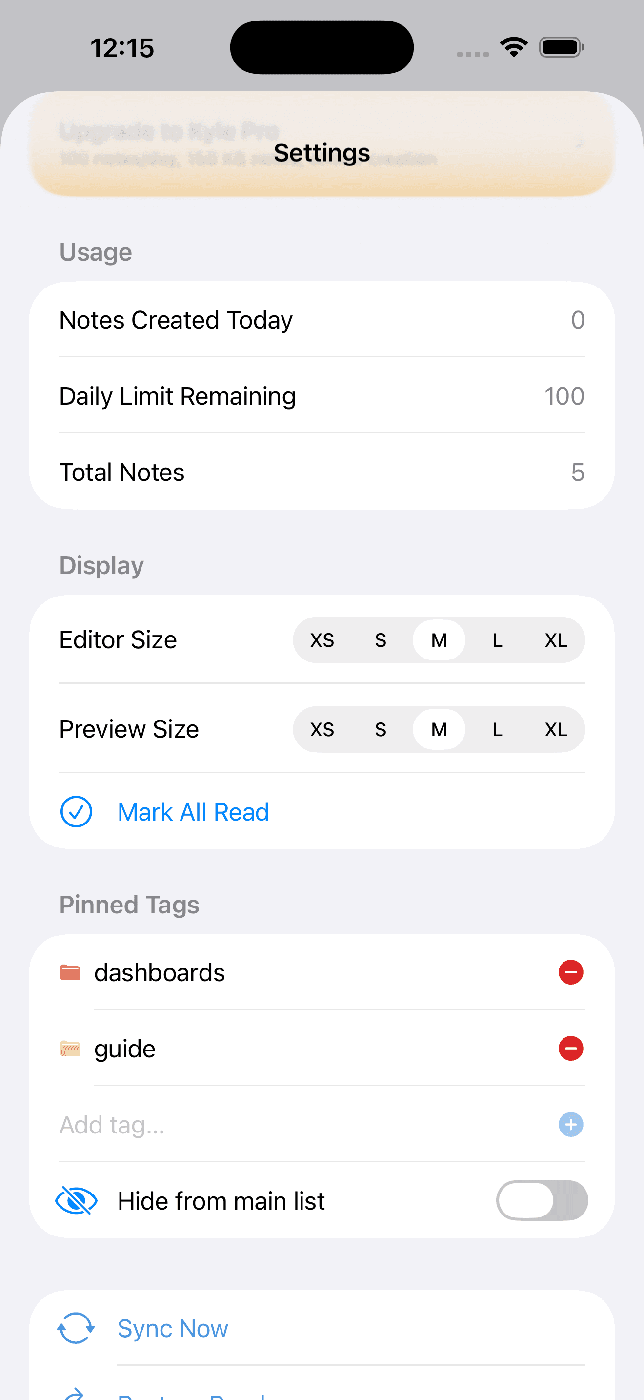Kyle settings with sync, pinned tags, and usage