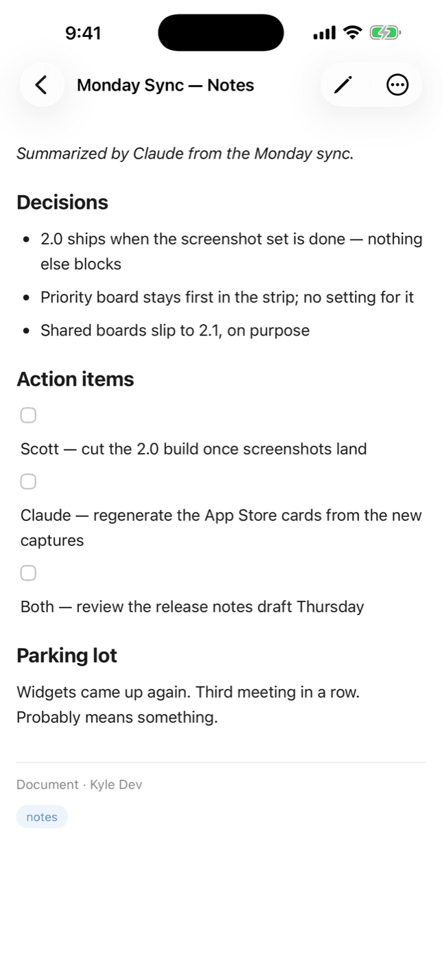 Meeting notes summarized by Claude, saved straight into Kyle