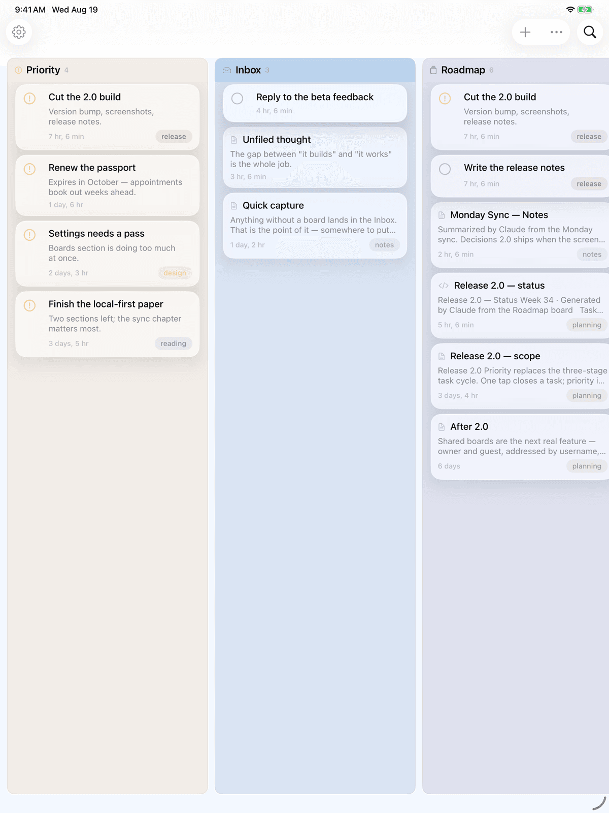Kyle on iPad — boards side by side in columns