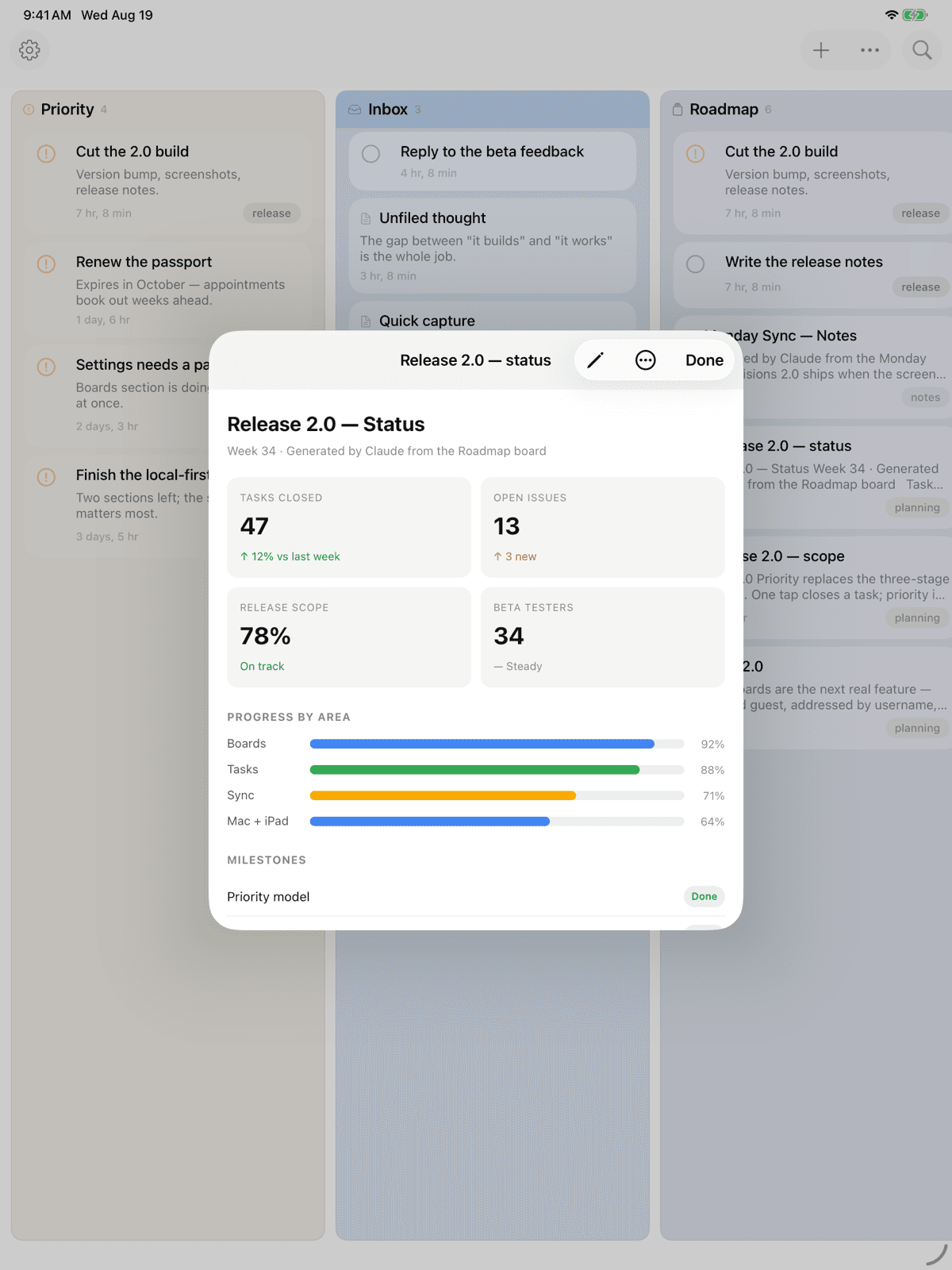Kyle on iPad — an AI-built dashboard over the boards