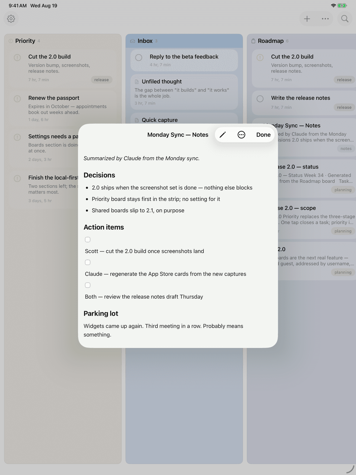Kyle on iPad — a note open over the boards