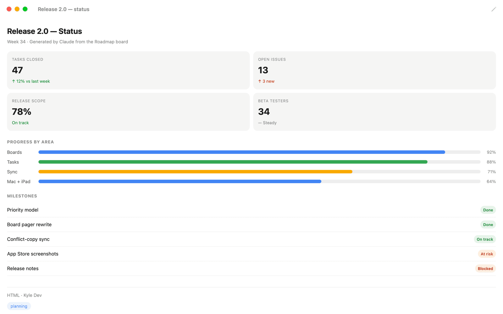 Kyle on Mac — an AI-built dashboard in its own window